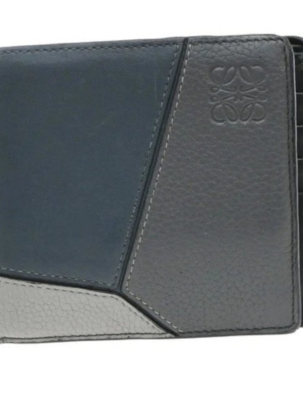 LOEWE Logo Anagram Puzzle Compact Bifold Wallet Leather Gray Blue Spain 01KD681